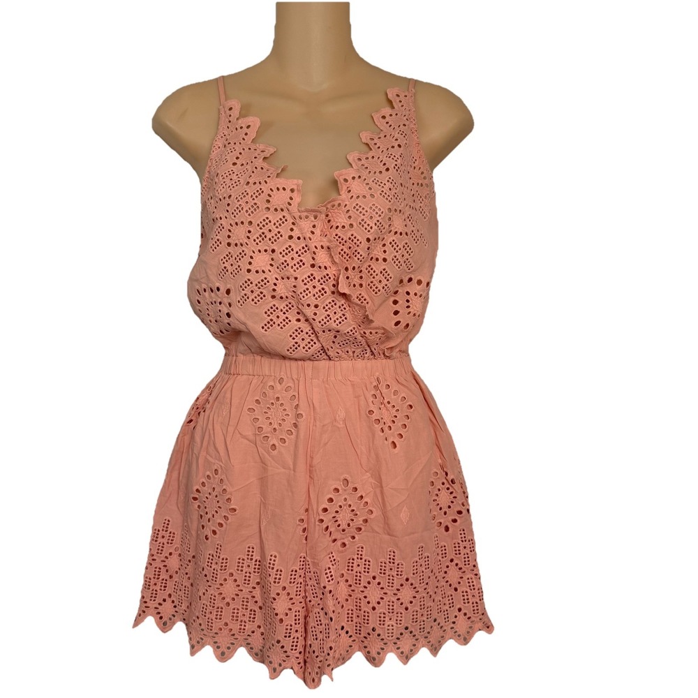 Sea Folly Broderie Eyelet Lace Romper Peach Pink Scalloped‎ Hem Coverup XS